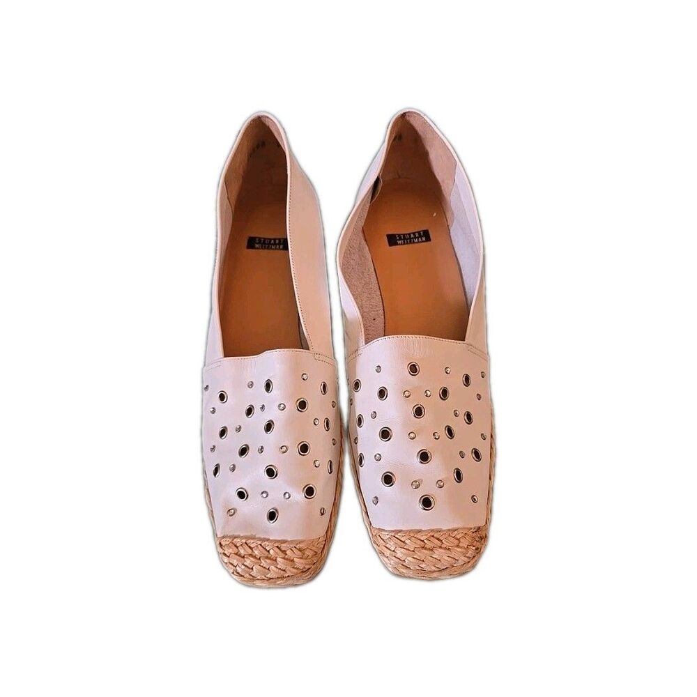 Stuart Weitzman Ivory Leather Espadrille Wedges with Braided Toe